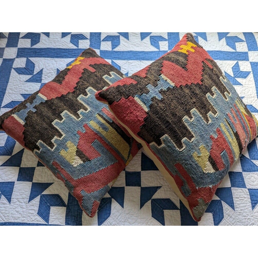 Vintage Pair Pottery Barn Kilim Pillows 18x18" Wool Cotton 2013 Tribal Bohemian - Picture 10 of 12